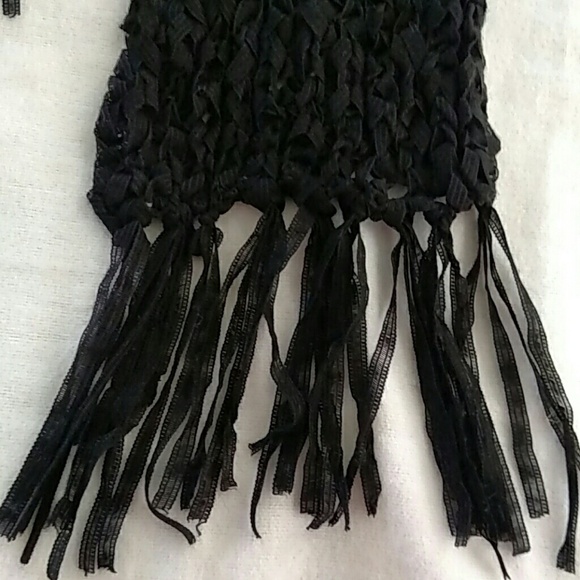 POPulation Black Ribbed Knit Sweater with Attached Fringed Scarf Collar Size L - Picture 7 of 7